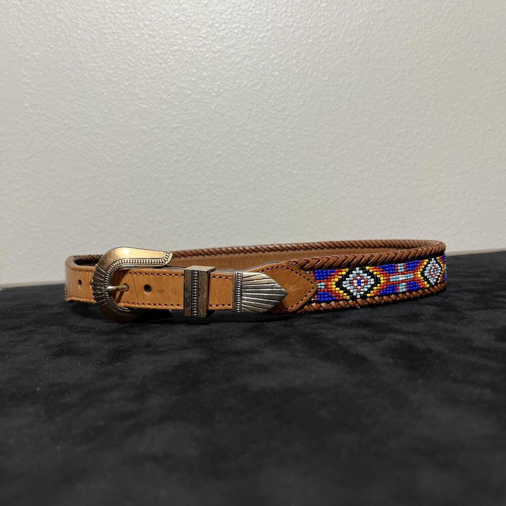 Vintage Beaded Leather Western Belt Men Polo 32 Multicolor Navajo Pattern Buckle